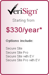 VeriSign starting from $330 per year. Options include Secure Site, Secure Site Pro, Secure Site with EV, Secure Site Pro with EV