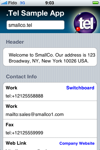 iPhone .TEL Profile Screen