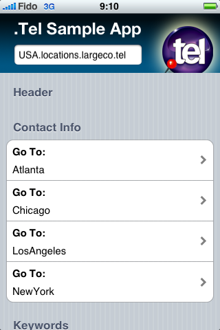 iPhone .TEL Locations Screen