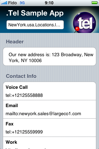 iPhone .TEL Locations Profile Screen