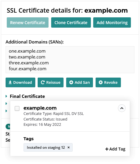 SSL instance management screenshot